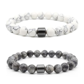 Teegxddy 2 x Bracelets, 8 mm Natural Stone Men and Women, White Turquoise/Amphibolic Bead Bracelet, Stackable Stretch Bracelet