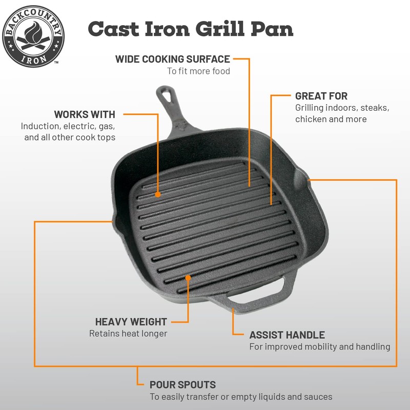 Backcountry Iron 8 Inch Square Grill Pan Medium Pre-Seasoned Cast
