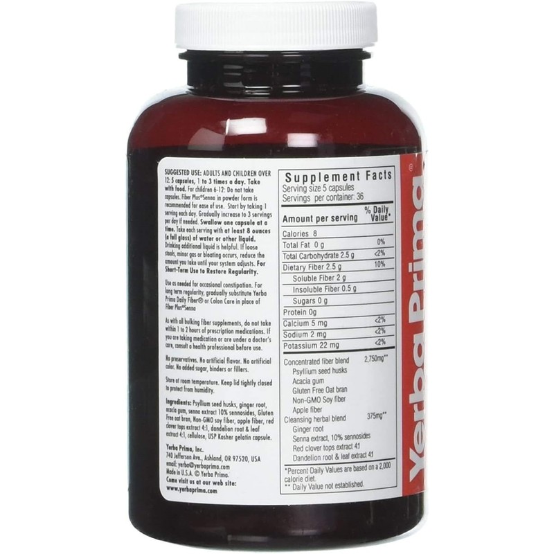Yerba Prima Fiber Plus Senna Capsules, 180 Count - Gentle