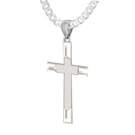 US Jewels Men's 925 Sterling Silver 32mm Christian Religious High Polished Cross Pendant 4mm Curb Necklace, 20in