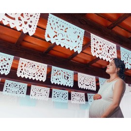 Baby Shower fiesta, Baby Boy Baby Shower Papel Picado Banner from Mexico - Light Blue/White - Includes rocking horses, hearts and baby bottle designs - 5pack/60 feet