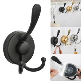 Boxonly No-Drill Suction Cup Duck Tongue Twin Hooks,2024 Upgraded Stainless Steel Waterproof Hooks for Bathroom,Shower,Kitchen,and Mirrors–Heavy Duty Towel Holders (Matte Black)