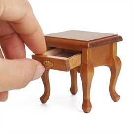 Odoria Dollhouse Side Table Miniature: 1/12 Scale End Table Bedside Table - Mini Table for Living Room Bedroom - Tiny French Country Furniture Wood with Drawer Brown