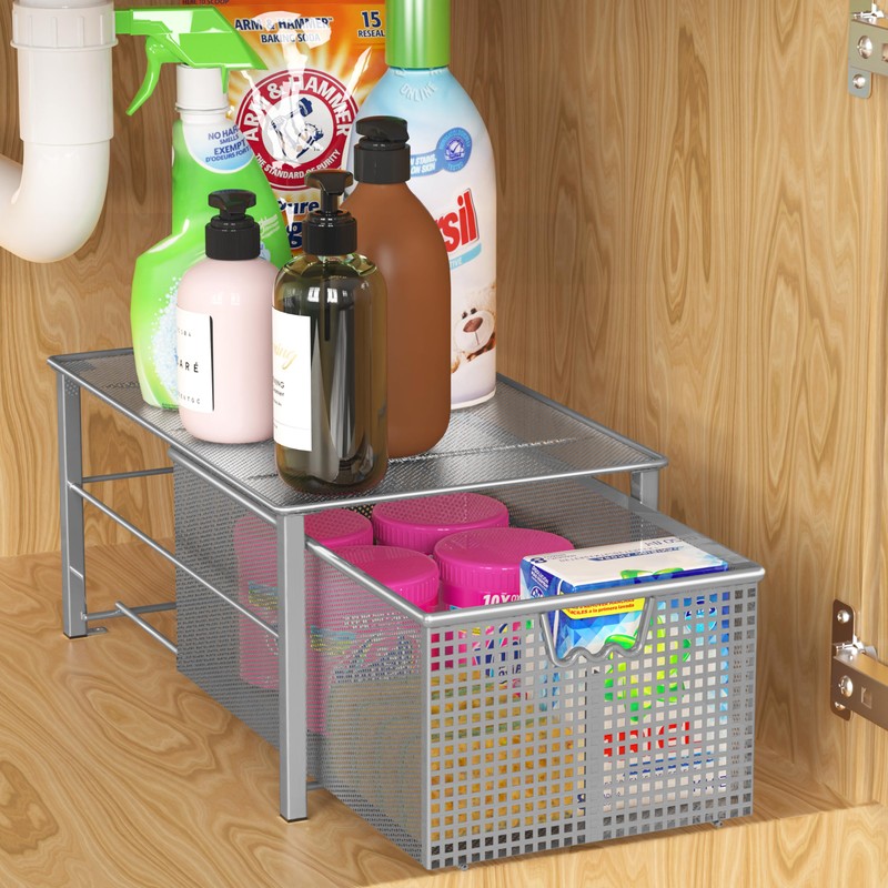 Deco Brothers Stackable Pull Out Cabinet Sliding Basket with Dividers,