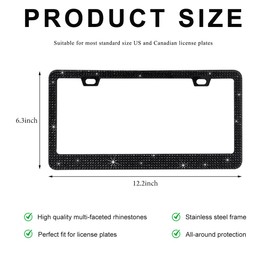ZNDAW Bling License Plate Frame, Stainless Steel Glitter Crystal Diamond License Plate Cover Holder, Sparkly Bedazzled Rhinestone Car Tag Covers for Women, Car Accessories (Black)