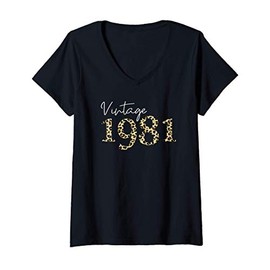 Womens Vintage 1981 40th birthday womens leopard Print V-Neck T-Shirt