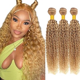 AiPliantfis Sew in Bundles Human Hair Extensions Real Hair Wefts Kinky Curly Wave Blonde Bundles Human Hair 3 Bundles No Tangle No Smell Brazilian Remy Hair 30 32 34 Inches