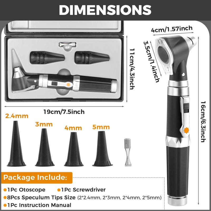 Otoscope Kit, Ear Scope with Light, 3X Magnification, 4 Speculum