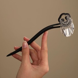 Vintage Moon Hair Stick, Silver Crescent Hairpin with Pendants Tassels, Retro Chopstick Hair Fork Hair Clips