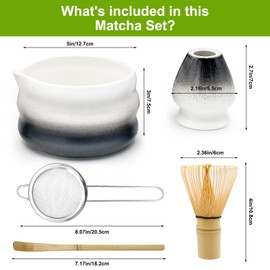 Matcha Set, 5-Piece Matcha Tea Set with Matcha Whisk, Matcha Bowl with Pourer, Matcha Strainer, Stirrer Stand and Bamboo Spoon, for Matcha Lovers (Black)