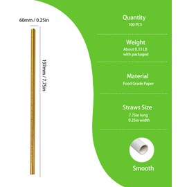 Metallic Gold PaperDrinking Straws, Disposable Gold Foil Paper Straws, Clinquant Crafted Sticks for Cake Pops Party Decoration - 7.75 inch, Pack of 100