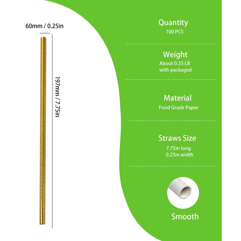 Metallic Gold PaperDrinking Straws, Disposable Gold Foil Paper Straws, Clinquant