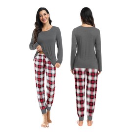 YOPUGEE Plaid Pajama Pants Women Long Sleeve Sleepshirt and Plaid Pants Soft Pajama Set Christmas Pjs Deep Grey Plaid L