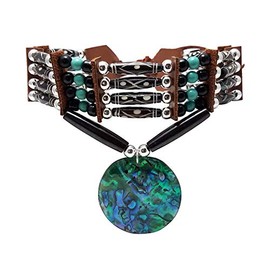 Traditional 4 Row Carved Buffalo Bone Hairpipe Beads Tribal Choker Necklace with Abalone Pendant