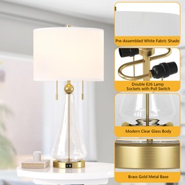 Maxax 28" Glass Table Lamp for Living Room, 2-Lights Brass Gold Bedside Lamp with USB A+C Ports, Modern Clear Glass Bedroom Lamp with White Shade for Nightstand