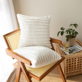 LIGICKY White Fluffy Decorative Throw Pillow Covers Double-Sided Striped Fuzzy Faux Fur Pillows for Couch Bed 18x18 Inch, Set of 2