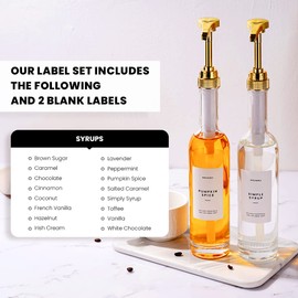MoliMoli Coffee Syrup Dispenser for Coffee Bar, 350mlCoffee Pump Dispenser, Glass Syrup Bottle w. Pumps, Simple Syrup Dispenser w. Labels,Set of 2, (Gold)
