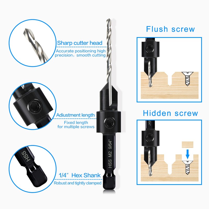 3-pc Countersink Drill Bit Set #10#12#16, 3in1 Woodworking Counterbore Hole