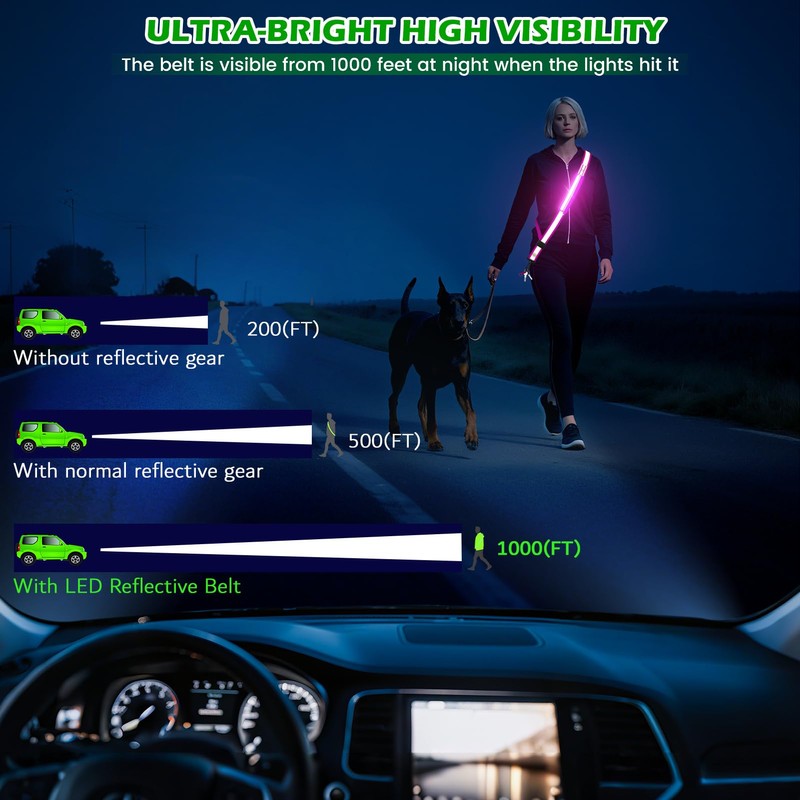 Samlior LED Reflective Belt Sash, Rechargeable LED Light Night Safety