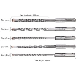 HPMAISON SDS Plus Rotary Hammer Drill Bit Set, 5PCS Cross Drill Bits Hammer Impact Drill Bit for Drilling Stone, Concrete, Brick Wall, Cement, Masonry 5.5mm/6mm/6.5mm/8mm/10mm x 160mm