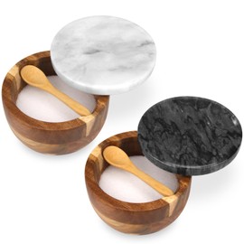 HESHIBI 2 Sets Wooden Salt Cellar Box with Marble Lid & Spoon, Modern White and Black Stone Salt or Pepper Sugar Spice Seasoning Bowl Container Jar Holder Well Keeper Dish Pig Crock for Kitchen