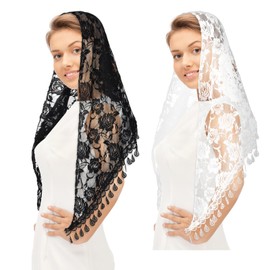 Lnngub 2 Pcs Lace Veil Mass Veil Triangle Mantilla Veil Catholic Veils for Women Mass Cathedral Head Covering Chapel Veils with Fringed Latin Mass Head Covering Veils Church Veils for Women