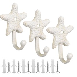 Newnessai 3Pcs Decorative Hooks, Cast Iron Star Fish Beach Themed Wall Hooks, for Bathrooms Kitchen Bedroom Hotel