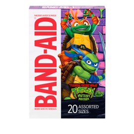 Band-Aid Brand Adhesive First Aid Bandages for Minor Cuts & Scrapes, Wound Care Featuring Nickelodeon TMNT Characters, Fun Bandages for Kids & Toddlers, Sterile, Assorted Sizes, 20 Ct