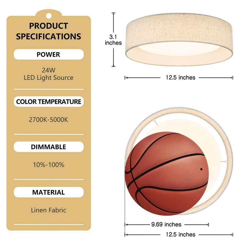 Bargeni Linen Flush Mount Ceiling Light, Dimmable LED Fabric Drum