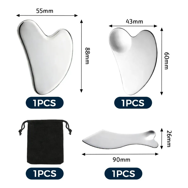 Kit 3 Piezas Guasha Facial Acero Inoxidable Masajes Cuello