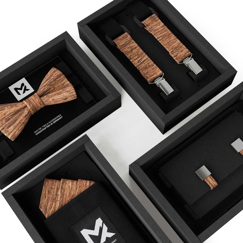 MAY-TIE Braces Black with Cork Wood Brown Handmade in Classic