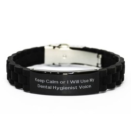 Epic Dental hygienist Gifts, Keep Calm or I Will Use My Dental, Dental hygienist Black Glidelock Clasp Bracelet from Coworkers, Toothbrush, Dental floss, Toothpaste, Mouthwash, Dentist