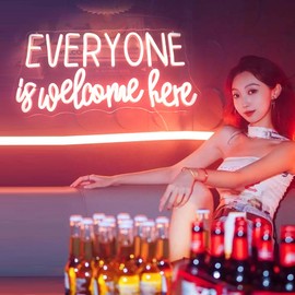 "Everyone Is Welcome Here" Neon Sign, Decorative Neon Lights for Kid's Room Play Room Wall Decor Neon Light Sign, Christmas Birthday Kid's Gift,Thanksgiving Gift(warm white)