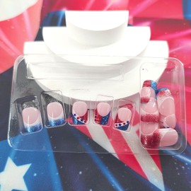 4th of July Press on Nails Red Blue White Fake Nails Glitter Star Design French Tip Glue on Nails Short Square Independence Nails Press ons Pink False Nails July 4th Acrylic Nails for Girls 24Pcs