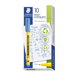 STAEDTLER Noris writing pen 307 Fineliner, carcasa de 97% plástico reciclado según la norma ISO 14021, bolígrafo de punta fina de plástico reciclado, azul delfter, caja plegable, 10 rotuladores