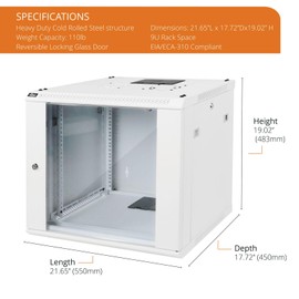 Tecmojo 9U Wall Mount Rack Network Cabinet for 19" IT Equipment,with Lockable Glass Door and Side Panels,Cooling Fan,17.7inch Depth,White,Computer/Electronics Equipment Data Rack