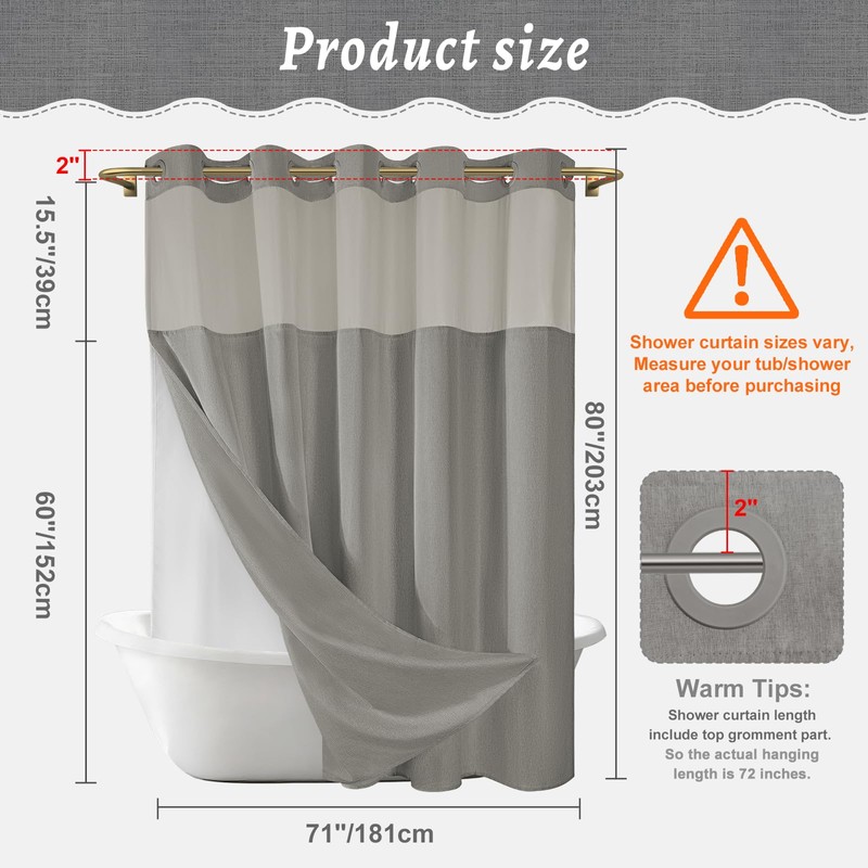 WONICY Long No Hook Shower Curtain with Snap in Liner,