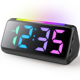 Netzu Digital Alarm Clock Children with Light, Colourful LED Display, 0-100% Brightness Dimmer, 2 Alarms, Snooze, 3 Alarm Volume, USB Charging Port, Children's Alarm Clock for Bedroom