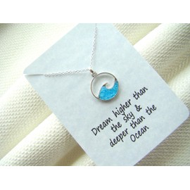 Aqua Druzy Glass Wave Necklace, Dream higher than the sky and deeper than the Ocean pendant, Blue Wave Pendant, Gift for Her, Inspiration, Graduation, Sand and Surf Jewelry, Little Gift of Kindness