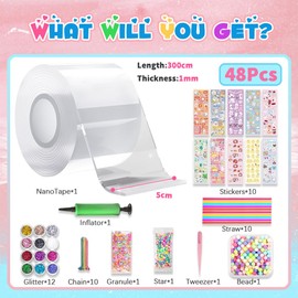 48PCS Nano Tape Bubble Kit,TINY SPARK Nano Bubble Tape Kit with 10pcs Straws,10 pcs Glitter and Inflator,10pcs Stickers,Colorful Beads&Accessories,Bubble Balloons DIY Party Favors(White)