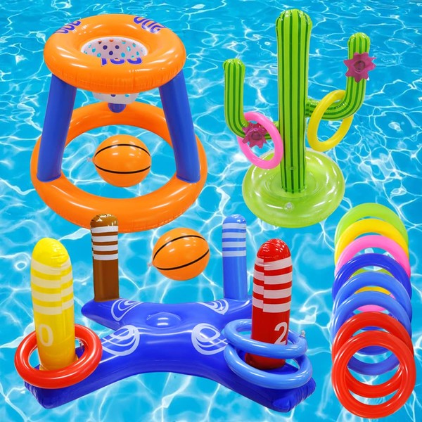 Gemle Pool Toys Games Set,Pool Basketball Hoop Inflatable Cross Ring