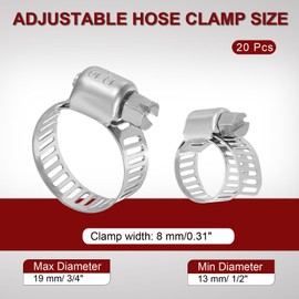 sourcing map Hose Clamp, Adjustable 1/2"- 3/4" Worm Gear Hose Clamp 304 Stainless Steel Fuel Line Hose Clamps Duct Clamp for Plumbing Automotive Mechanical (Pack of 20)