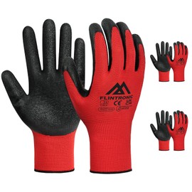 flintronic 3 Paar Arbeitshandschuhe, Nylon Arbeit Handschuhe für Herren und Damen, Beschichtete Gartenhandschuhe mit PU-Beschichtung, Rutschfeste Handschuhe, für Bauarbeiter Mechaniker, Rot 10/XL
