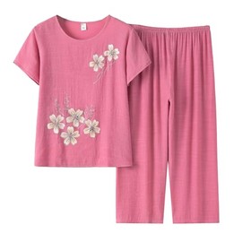 FindThy Women’s 2 Piece Linen Outfits Short Sleeve Floral Print Lounge Sets Crewneck Summer Suits(1781-01Pink-S-LB)