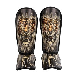 Venum Tiger Kids Shin Guards - Black/Neon Orange with Padded Design and Velcro Straps, Made in Thailand for Combat Sports Performance - Size: L