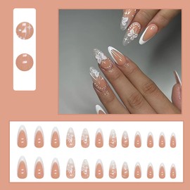 24 Pcs Stiletto Press on Nails Almond Shape French Fake Nails Medium False Nails with Flower Cute Pearl Nails Designs Full Cover Acrylic Glue on Nails Stick on Nails Artificial Nails for Women Girls