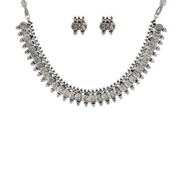 I Jewels 18K Silver Oxidised Traditional Style Coin Necklace With Earrings For Women & Girls