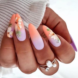 Vezocim Artificial Glossy Flower Fake Nails Sets, Press on Nails Medium Length, Acrylic Fingernails Oval False Nails with Floral Designs, Full Cover Reusable False Nails Glue on Nails for Women
