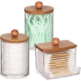 Qtips Holder Dispenser, 10/7 oz Cotton Ball/Swabs Storage Containers,  Jars for Bathroom Organizer Bambooo Lids - Color: Group B-honey-coloured