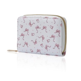 Denovin Denvin Small Wallet Women, Coin Purse, Credit Card Holder for Woman, Zipper Cute Coquettte Wallets Stuff with Bow (White Color and Pink Bow)